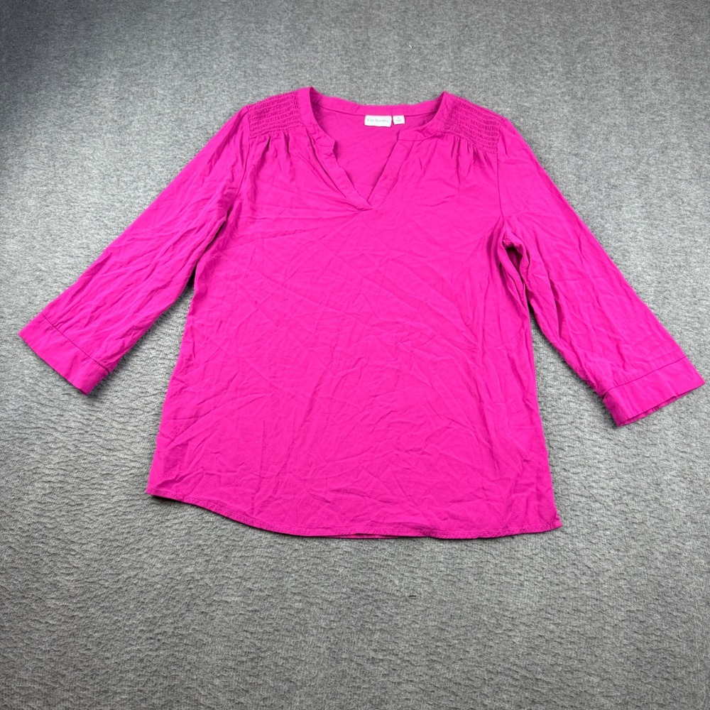Kim Rogers Blouse Women's Small Pink 3/4 Sleeve Smocked Shoulder V-Neck Top